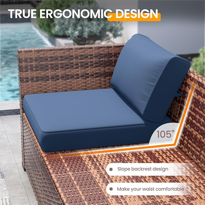 UDPATIO Patio Furniture Set with 44'' Fire Pit Table, 8 PCS Outdoor Sectional Furniture Sets, Slanted Back Outdoor Conversation Set PE Rattan Sofa for Porch W/Coffee Table, Blue