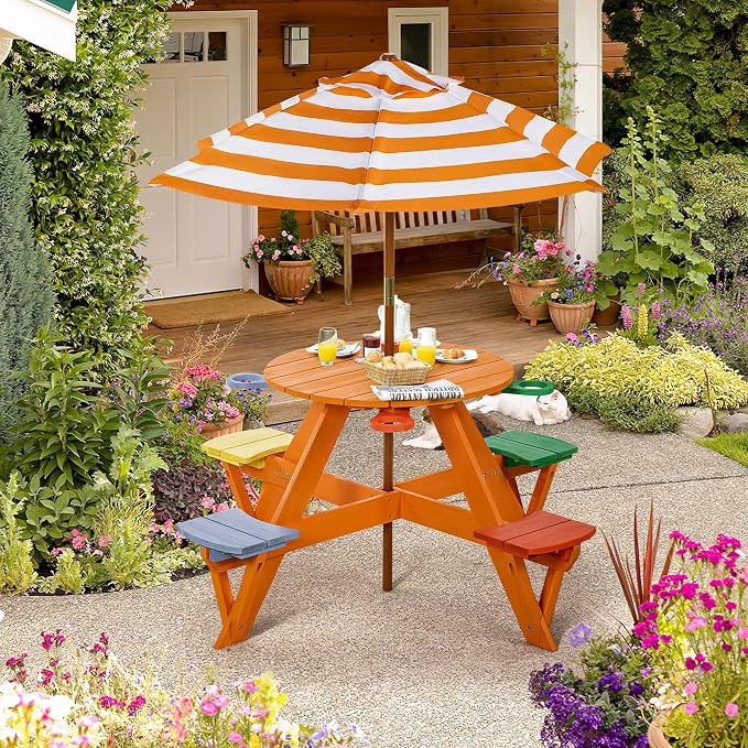 BRINJOY Kids Picnic Table & Stool Set, Outdoor Wood Round Table & 4 Bench, Toddler Picnic Table Set w/Height Adjustable Umbrella, Children Activity Table w/Cup Holders for Patio, Garden, Backyard