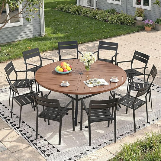 Patio Dining Set for 10, Round 63.1" Patio Dining Table and Stackable Outdoor Dining Chairs Outdoor Furniture for Backyard Porch Deck, Spliced Walnut Table and Black Chairs