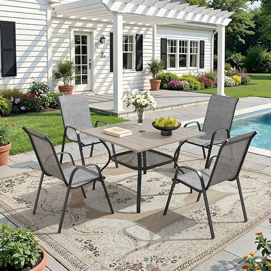 DIFY 5 Piece Outdoor Dining Set, 38" Grey Wood-Like Square Metal Patio Table and Grey Textilene Stackable Chairs for 4, All Weather Patio Furniture Set with Umbrella Hole for Backyard Garden Deck