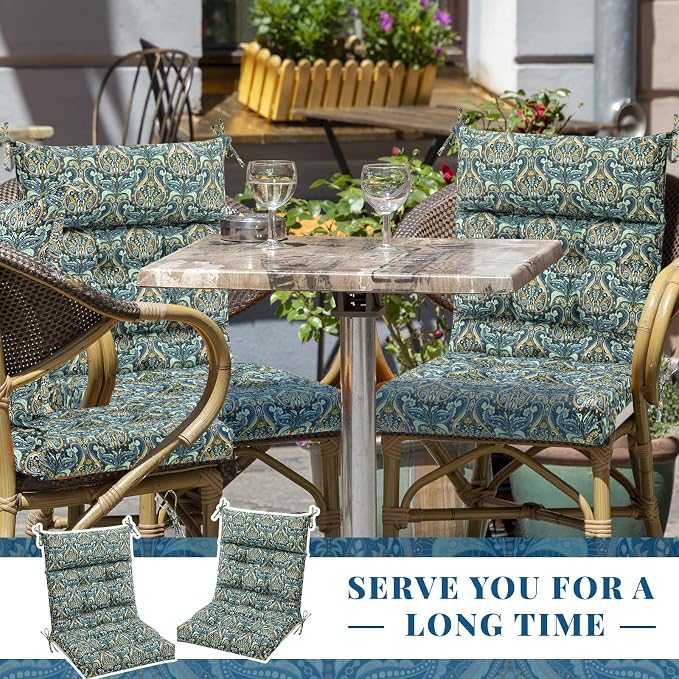 Sintuff 2 Pcs 44 x 21 x 4 Patio Chair Cushions Outdoor Chair Cushions Seat/Back Tufted Pillow with Ties All Weather Replacement Indoor Patio Furniture Outdoor Furniture (Pattern,Blue Vintage Flower)