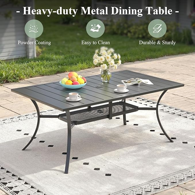 Patio Dining Set for 6, 59.2" Rectangular Metal Table with Umbrella Hole and Stackable Wicker Patio Chairs, Outdoor Furniture Set for Deck Backyard Garden, Walnut Chairs, Black Table