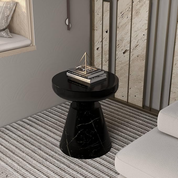 LeisureMod Isle Series Modern End Table – Minimalist Round Fiberstone Tabletop with Pedestal Base, Accent Side Table for Living Room, Bedroom, Patio in Marble Black