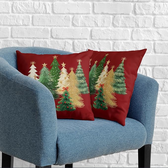 Red Christmas Pillow Covers 22x22 Set of 2 Gold Green Xmas Tree Pillow Case Winter Holiday Throw Pillow Covers Double Sided Printing Decorative Cushion Case for Couch Sofa
