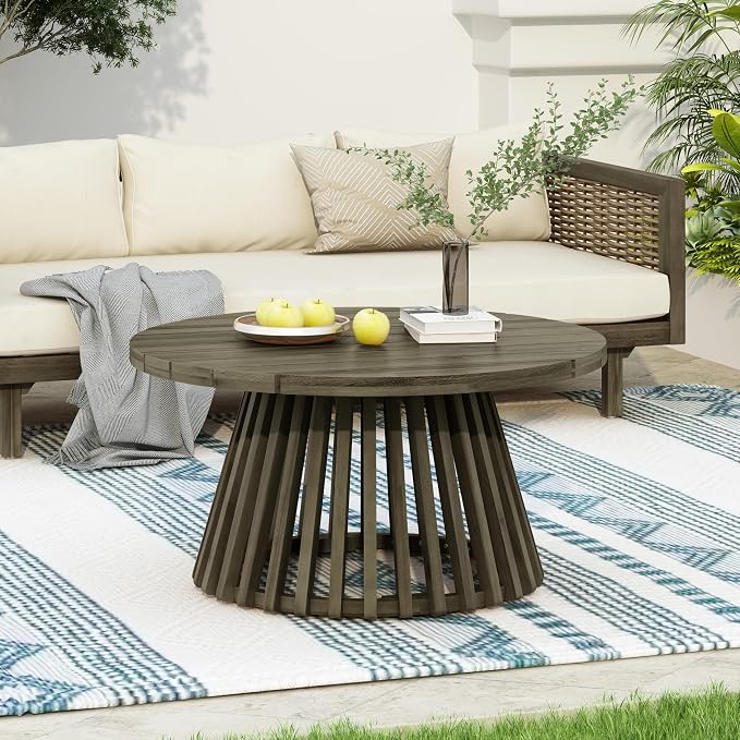 Christopher Knight Home Hakee Acacia Wood Patio Coffee Table, Round Table with Unique Wooden Base for Backyard, Balcony, Stylish Indoor/Outdoor Table, Easy Assembly, 31.5"x 31.5"x 16", Grey