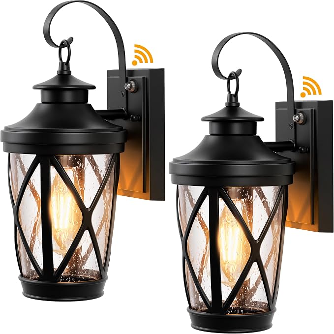 VIANIS 2-Pack Outdoor Wall Lights, Black Dusk to Dawn Porch Light Fixture, 100% Aluminum Outside Garage Lights with Glass Shade, Outdoor Sconce Lights Wall Lantern for House, Exterior Light for Patio