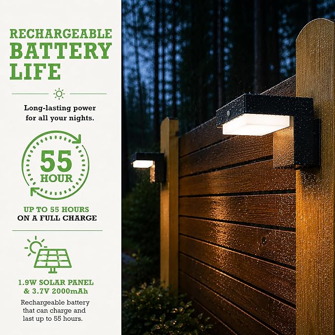 Solar Powered Wall Lamps, 55 Hour Life, Motion Sensor, 2 Modes, 2pk