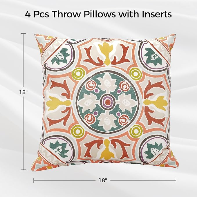 Volans 18" x 18" Outdoor Throw Pillows with Inserts, Waterproof Decorative Pillows for Backyard, Bed, Couch, and Patio Furniture, Pack of 4, Colorful Kaleidoscope