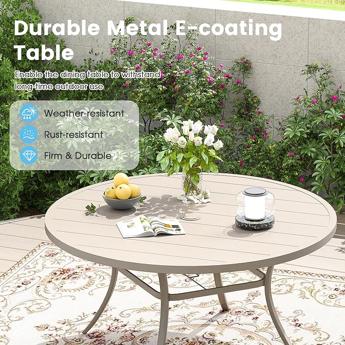 7 Pieces Patio Dining Set, 50" Round Dining Table with Umbrella Hole, 6 Stackable Textilene Fabric Chairs, Metal Structure for Patio, Porch, Garden, Sandshell