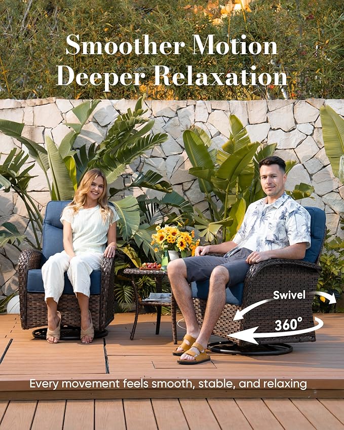 Belord Upgraded 6“ Cushion Luxury 5 Piece Patio Furniture Set - High Back Outdoor Furniture Set with Swivel Rocker Patio Chairs, All-Weather Wicker Conversation Set for Deck Porch Yard - Brown/Blue