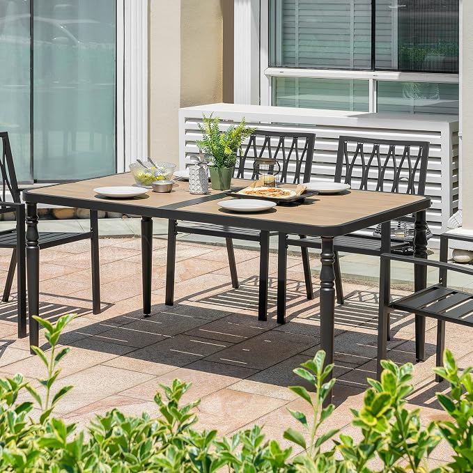 NUU GARDEN Patio Dining Table for 6, 61” x 37” Large Rectangle Metal Table with Wood-Grain Tabletop, Outdoor Table with 2.1” Umbrella Hole for Backyard, Lawn, Garden, Black