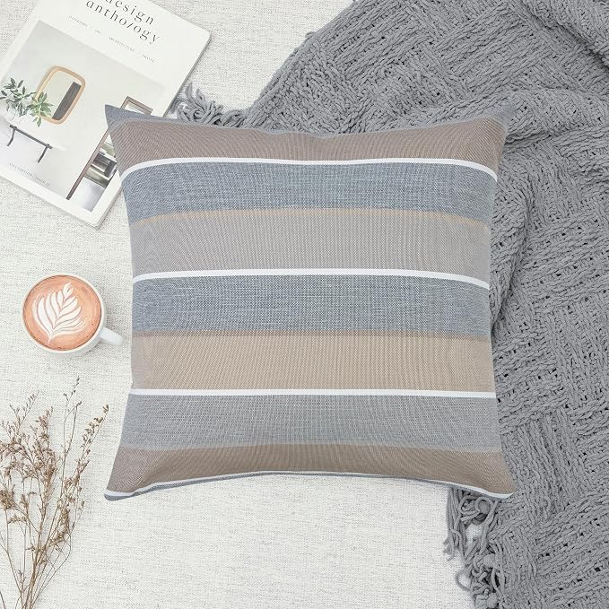 FUNHOME Outdoor Throw Pillows with Insert 18x18 Inch Pack of 2-Grey Stripe | Decorative Throw Pillows with Inserts, Water-Repellent, Square Pillows for Bed, Couch, Sofa and Patio Furniture