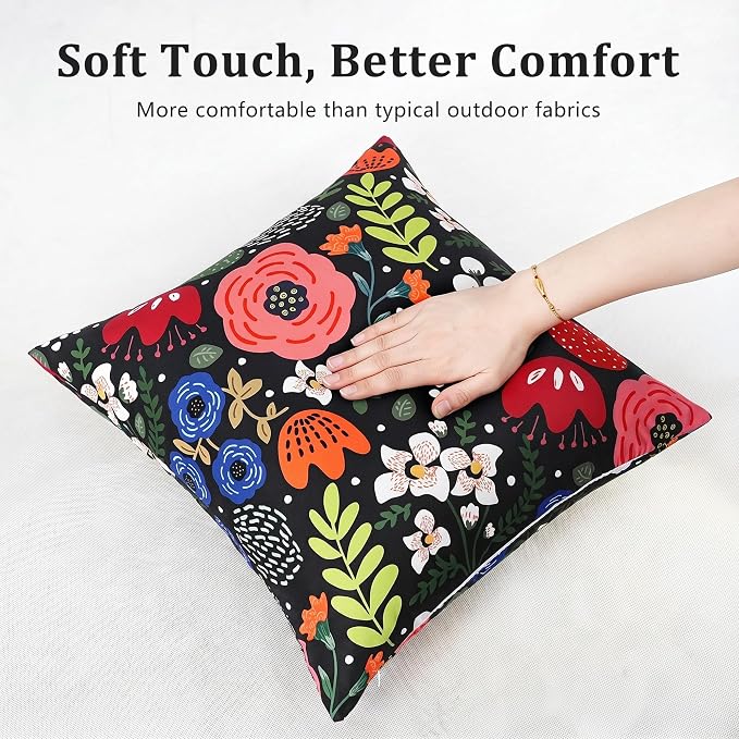 Pyonic Waterproof Outdoor Pillow Covers 18x18 Set of 2, Colorful Floral Decorative Cushion Covers for Patio Furniture, Garden, Balcony,Sunbrella，Boho Nordic Outdoor Indoor Home Decor，Black