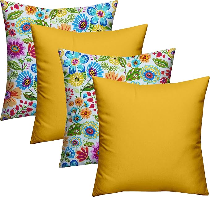 RSH DECOR Set of 4 Square Throw Pillows | Indoor/Outdoor All Weather Polyester Fabric | Decorative Accent Pillows for Patio Furniture | Reversible | 17" x 17" | Gregoire Fresco + Yellow