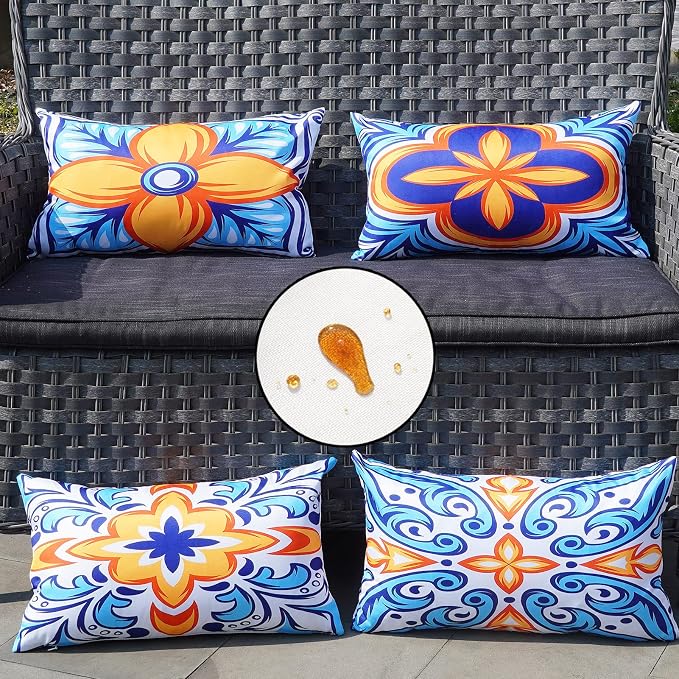 ONWAY Outdoor Pillow Covers Waterproof 12x20 Set of 4 Floral Boho Decorative Throw Cushion Cover Farmhouse Pillows for Bench, Couch, Patio Furniture