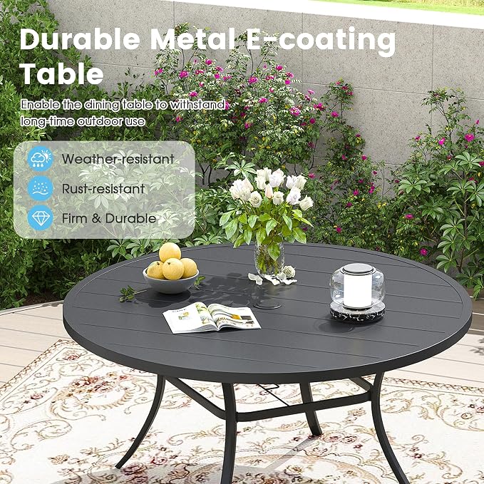 9 Pieces Patio Dining Set, 53" Round Dining Table with Umbrella Hole, 8 Stackable Textilene Fabric Chairs, Metal Structure for Patio, Porch, Garden(Black Table, Grey Chair)