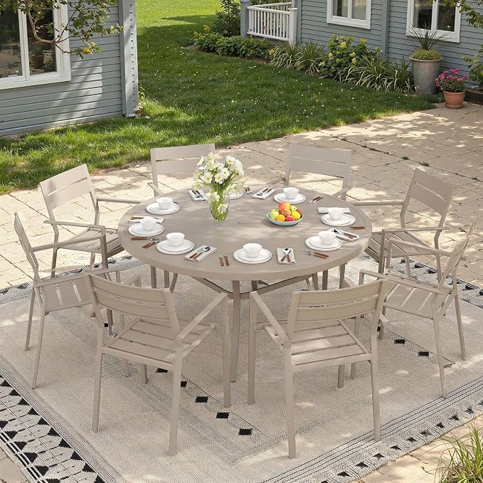 Patio Dining Set for 8, 53" Outdoor Dining Table and Chairs Set with Stackable Patio Chairs Outdoor Furniture for Garden Deck Backyard, Sandshell Table and Sandshell Chairs