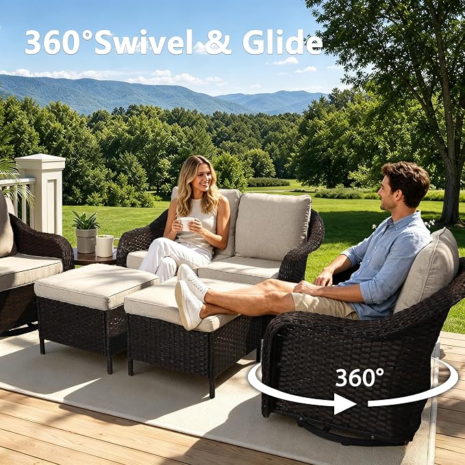 Outdoor Wicker Swivel Chair Set of 2, All-Weather Use Patio Rattan Chair with Seat and Back Cushion, Ideal for Porch, Backyard, Balcony, Poolside, Beige