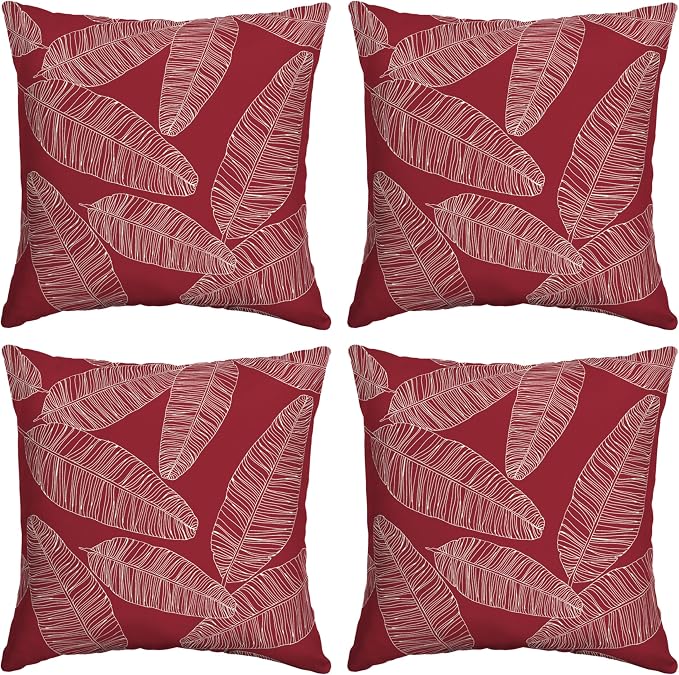 Arden Outdoor Toss Pillow, 4-Pack, 16x16, Red Leaf Palm | Indoor/Outdoor Décor, Set of 4, 16 x 16, Rain-Proof, Fade Resistant, Mold and Mildew Resistant