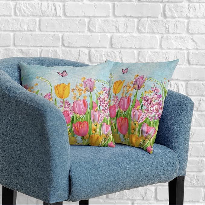 Tulip Pillow Covers 20x20 Set of 2 Spring Throw Pillow Covers Pink Yellow Tulip Floral Outdoor Pillowcase Watercolor Cotton Linen Cushion Case for Sofa Outdoor Patio