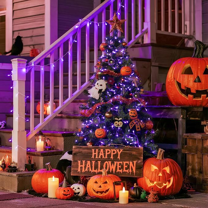JMEXSUSS Connectable 8 Modes 100 LED Purple Halloween Lights Indoor Plug in | Purple String Lights Clear Wire, 33ft Christmas Tree Lights Outdoor for Halloween Xmas Tree, Garden, Bedroom