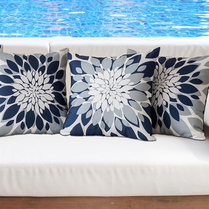 Pack of 4 Outdoor Waterproof Pillow Covers 24x24 Decorative Outdoor Throw Pillows Garden Square Cushion Cases for Patio Furniture, Couch, Tent Sunbrella, Bench, Navy Blue Grey