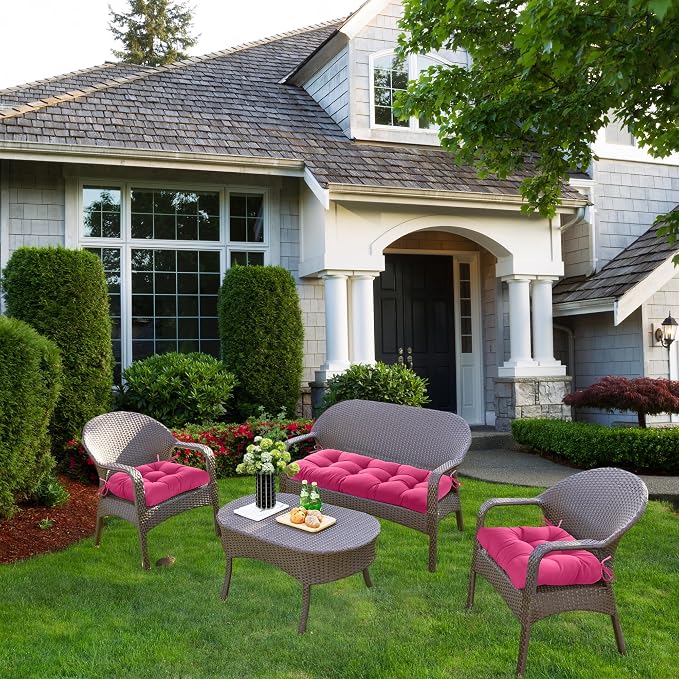 ADLIVWYD 3-Pieces Wicker Chair Cushion Set, 1 loveseat and 2 U-Shape, 44"x19" &19"x19" Tufted Outdoor Cushions for Indoor/Outdoor Patio Furniture (Pink)