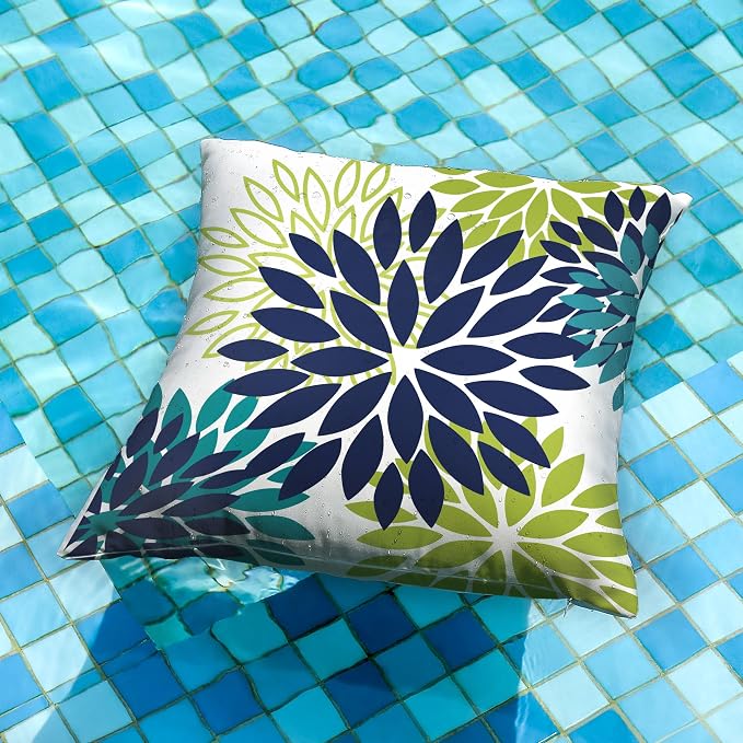 DFXSZ Outdoor Waterproof Pillow Covers 18x18 Set of 2 NavyBlue Green Flower | Spring Summer Waterproof Flower Throw Pillowcases（No Inserts）Outdoor Decor for Patio Funiture Garden Polyester Covers