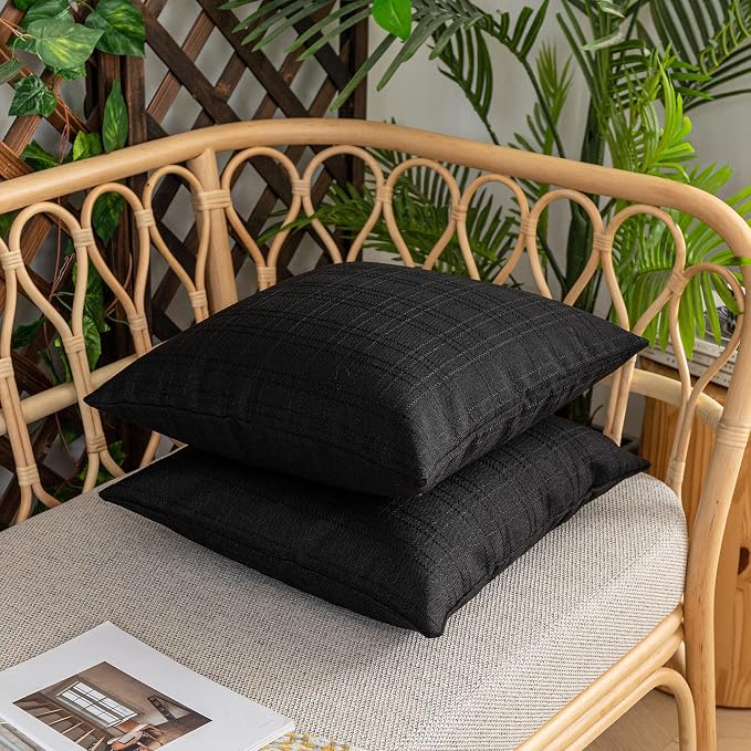 Kevin Textile Outdoor Waterproof 24”x24” Pillow Covers 2 Pack, Black | Water Resistant, Soft Faux Linen-cotton Yarn-dyed Woven Texture Throw Pillow Covers for Tent Patio Garden Couch Sofa