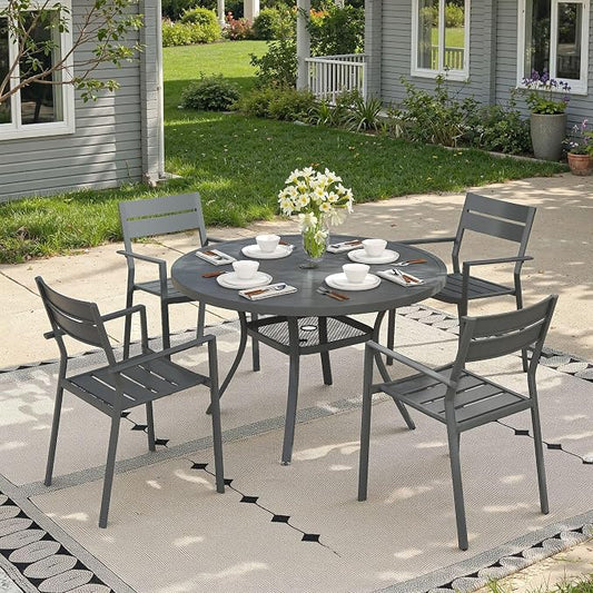 Patio Dining Set for 4, 40.6" Outdoor Dining Table and Chairs Set with Stackable Patio Chairs Outdoor Furniture Outdoor Furniture for Garden Deck Backyard, Dark Grey Table and Grey Chairs