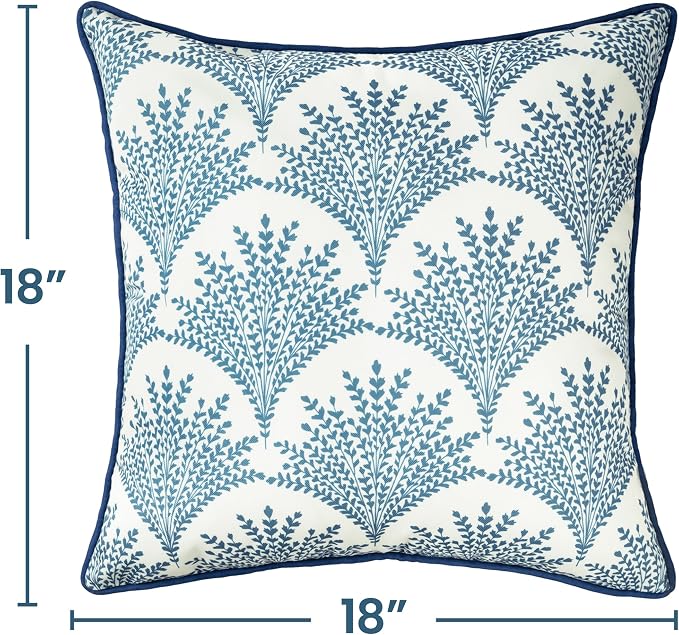 Outdoor Pillow Covers 18x18 Inch, Water-Resistant Decorative Pillow Covers Pack of 2, Floral Throw Pillow Case for Patio Furniture Tent Garden, Blue Feathered Flower with Blue Edge, Cover ONLY
