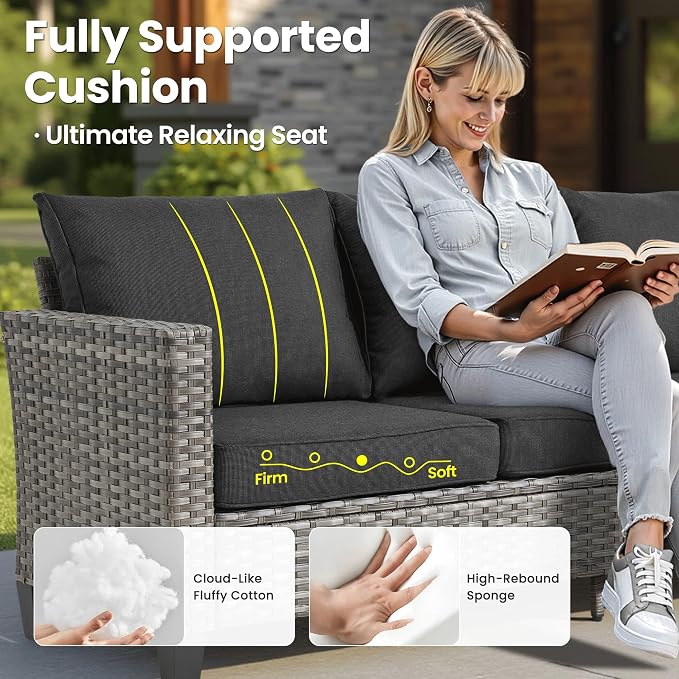 ovios 9 Pieces Patio Furniture Set, Outdoor Wicker Sofa Couch with Swivel Glider Chairs Fire Pit Table, Modern Deep Seat Rattan Conversation Sets for Deck Porch, Black