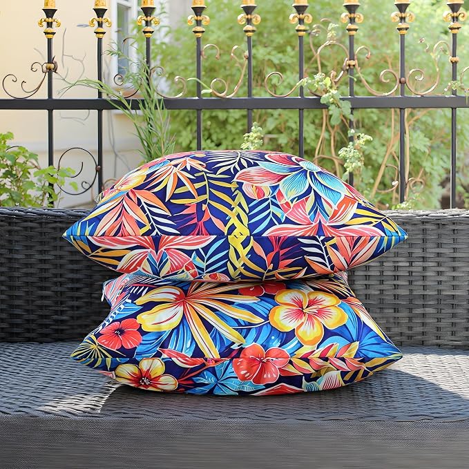 Outdoor Pillow Covers 20x20 Inch Set of 2, Tropical Floral Plants Modern Throw Pillows Cases, Spring Waterproof Square Garden Cushion Sham for Patio Funiture Tent Balcony Bench Sofa, Blue
