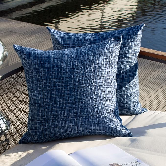 Kevin Textile Outdoor Waterproof 24x24 Inch Pillow Covers 2 Pack, Navy Blue | Water Resistant, Faux Linen Yarn-dyed, Woven Texture Euro Throw Pillow Covers for Tent Patio Garden Couch Sofa