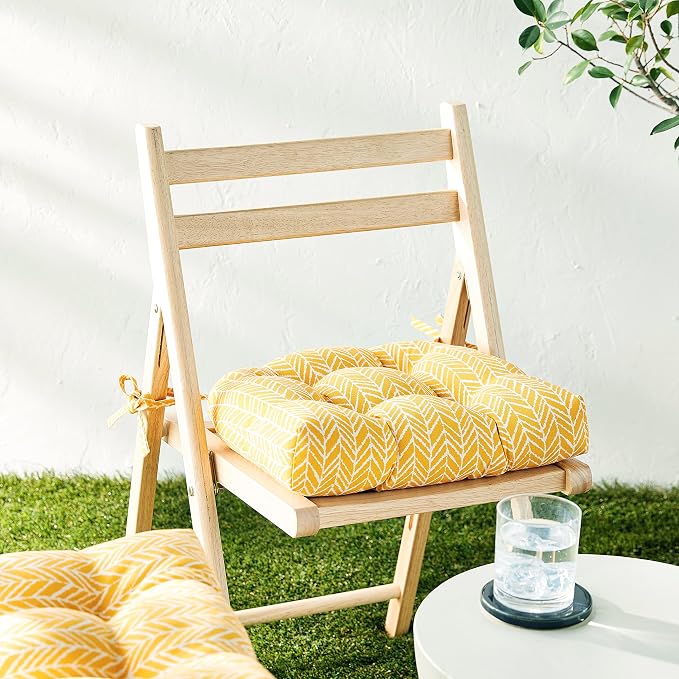 Pillow Perfect Outdoor/Indoor Herringbone Egg Yolk Reversible Chair Pads, 15.5" x 16", Yellow, 2 Pack