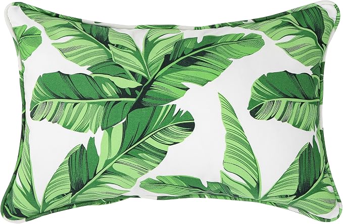 13 x 20 Inch Outdoor Lumbar Pillow with Insert Set of 2, Decorative Piping Edge Waterproof Fade Resistant Fluffy Throw Pillows for Patio Furniture Chair Bench Couch - Green Leaves White