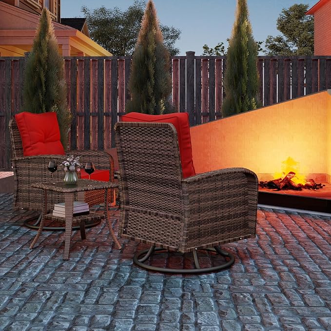 Kromax Outdoor Patio Furniture Set, All-Weather Wicker Swivel Glider Chairs Set of 2 with Coffee Table Table & Thick Machine Washable Cushions for Backyard, Garden, Porch, Brown/Red