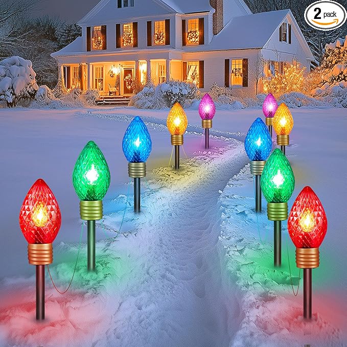 2 Pack Strawberry Jumbo C9 Christmas Pathway Lights Outdoor, Total 17FT | 10 LED C9 Walkway Light, Multicolor Bulb Holiday Pathway Light, Connectable Christmas Lights Outdoor Decoration for Lawn Yard