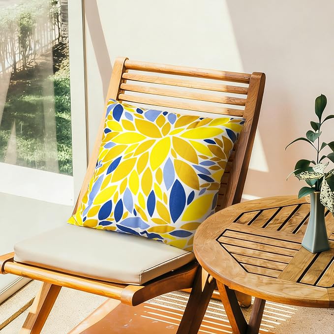 Outdoor Pillow Covers 18x18 Inch, Water-Resistant Decorative Pillow Covers Pack of 2, Floral Throw Pillow Case for Patio Furniture Tent Garden, Yellow Blue Dahlia, Cover ONLY