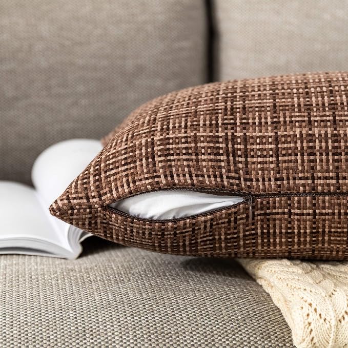 Kevin Textile Outdoor Waterproof 12"x24" Lumbar Pillow Covers 2 Pack, Brown | Water Resistant, Faux Linen Yarn-dyed, Woven Texture Throw Pillow Covers for Tent Patio Garden Couch Sofa