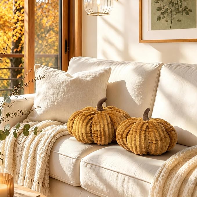 AELS Pumpkin Throw Pillows Set of 2, 14" & 10" Burnt Orange Fall Pillows | for Couch Sofa Bed Living Room Home Decor, Farmhouse 3D Fall Halloween Thanksgiving Decorative Accent Pillows