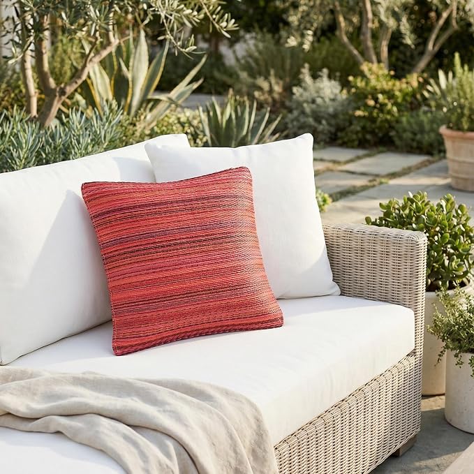 Fab Habitat Outdoor Premium Recycled Plastic Pillow - Waterproof, Fade Resistant - Striped - Patio, Porch, Deck, Balcony - Cancun - Sunset - 16.5" x 16.5"
