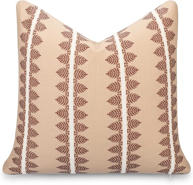 Crumbs Home Modern Farmhouse California Casual Indoor Outdoor Throw Pillow Cover, 20"x20" Water Repellent for Patio, Backyard, Couch, Poolside, Earth Tone Cocoa Brown Tan Print Leaves Stripes