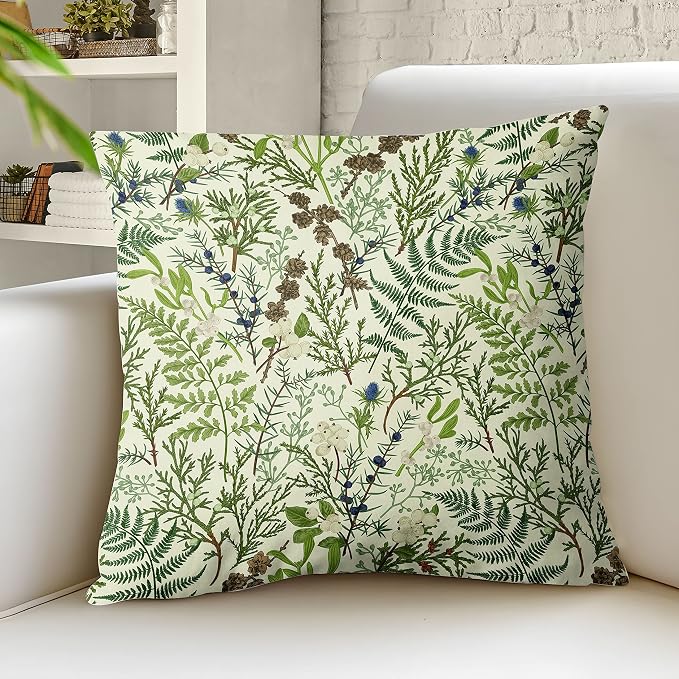 Green Plant Throw Pillow Covers 18x18 Inch Set of 2 Sage Green Botanical Leaf Pillow Covers Vintage Floral Cushion Cover Farmhouse Waterproof Decor for Living Room Bedroom Sofa Patio Outdoor