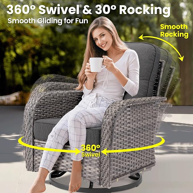 ovios 9 Pieces Patio Furniture Set, Outdoor Wicker Sofa Couch with Swivel Glider Chairs Fire Pit Table, Modern Deep Seat Rattan Conversation Sets for Deck Porch, Black