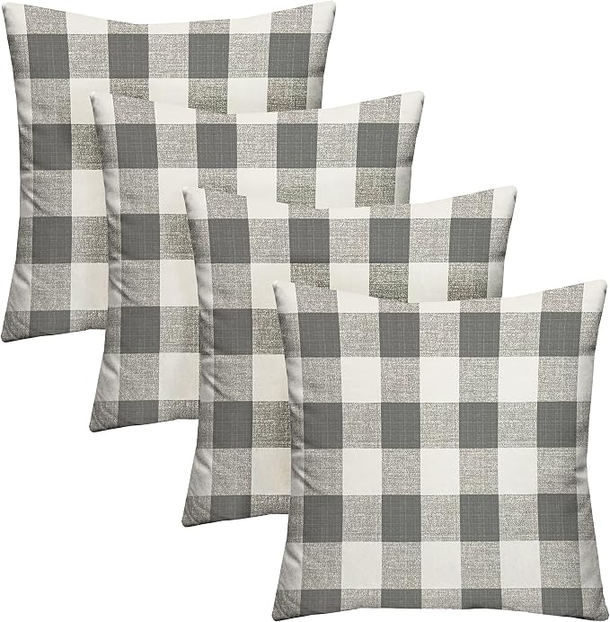 RSH DECOR Square Throw Pillows Set of 4, 17" x 17", Outdoor Pillows Waterproof, Outdoor Pillow Covers, Pillow Covers for Couch, Grey Buffalo Plaid, Made in USA