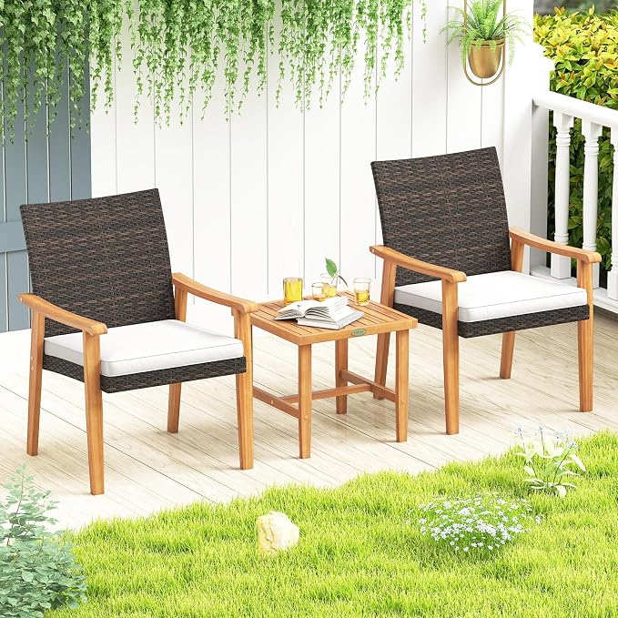 HAPPYGRILL 3 Piece Patio Furniture Set Acacia Wood Chair & Side Table Set with Rattan Seat & Back, Outdoor Wicker Bistro Conversation Set for Balcony, Porch, Backyard