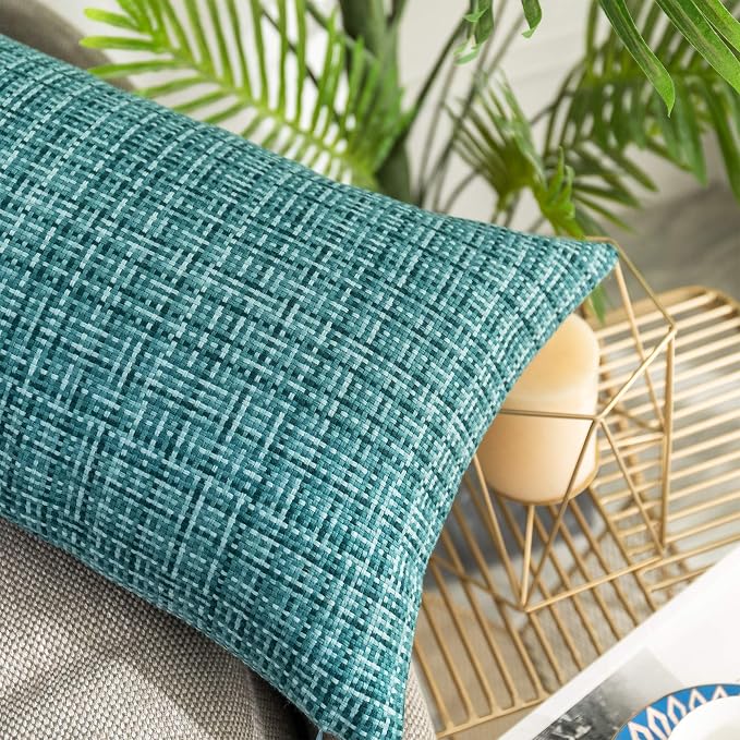 Kevin Textile Outdoor Waterproof 14"x24" Lumbar Pillow Covers 2 Pack, Teal | Water Resistant, Faux Linen Yarn-dyed, Woven Texture Throw Pillow Covers for Tent Patio Garden Couch Sofa