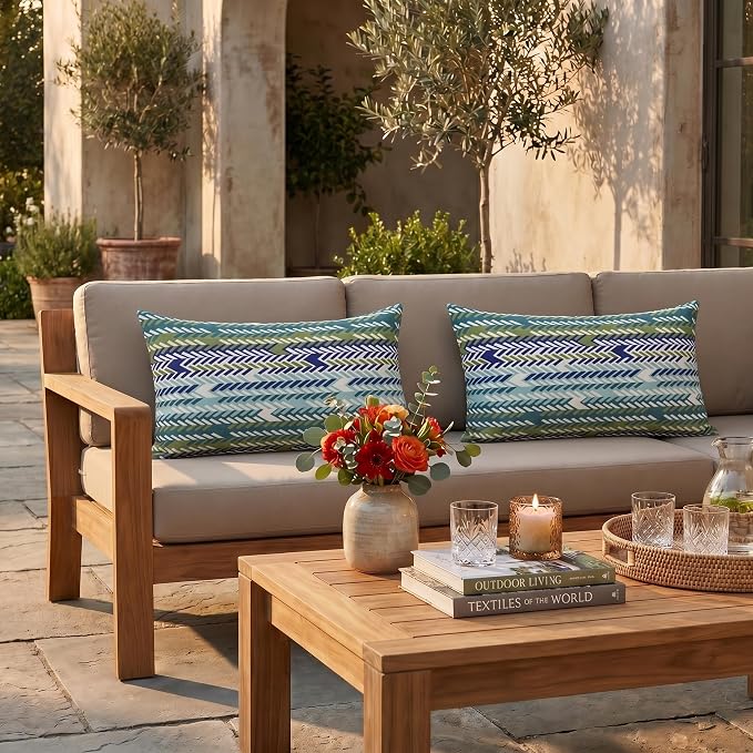 RSH DECOR: Sunbrella Lumbar Throw Pillows Set of 2 | 20" x 12" | Water and Fade-Resistant Performance Fabric | Outdoor Pillow Covers with Down-Alternative Inserts | Made in USA (Escape Sky)