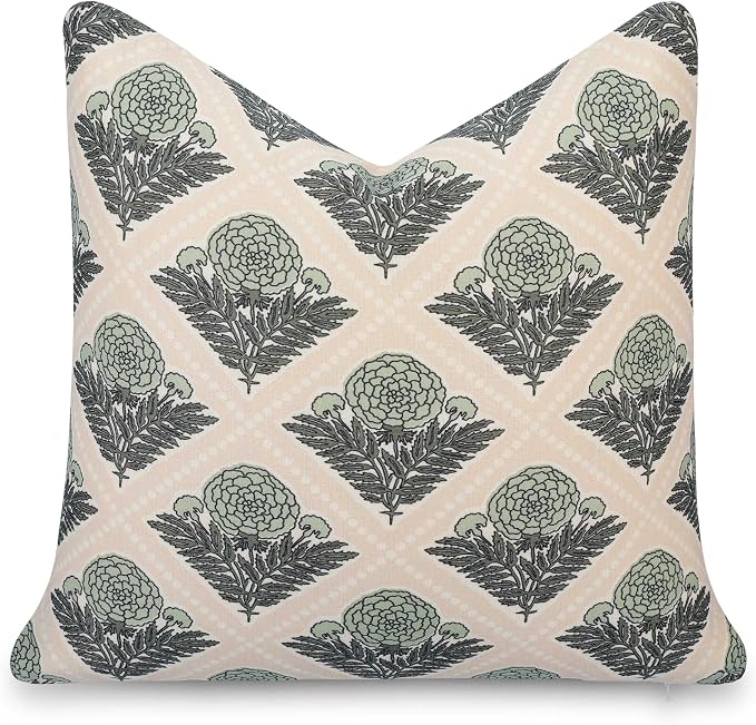 Crumbs Home Modern Farmhouse California Casual Indoor Outdoor Throw Pillow Cover, 20"x20" Water Repellent for Patio, Backyard, Couch, Earth Tone Light Green Tan Block Print Vintage Hydrangea Flowers